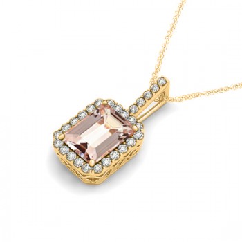 Diamond & Emerald Cut Morganite Halo Pendant Necklace 14k Yellow Gold (4.25ct)