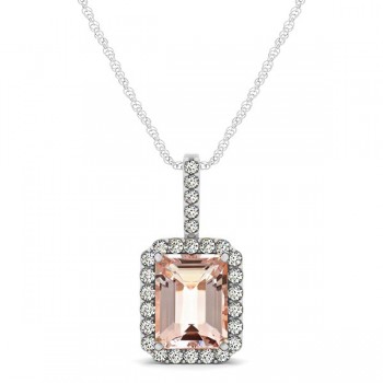 Diamond & Emerald Cut Morganite Halo Pendant Necklace 14k White Gold (1.09ct)