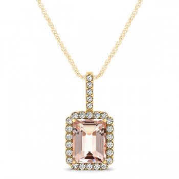 Diamond & Emerald Cut Morganite Halo Pendant Necklace 14k Yellow Gold (1.09ct)