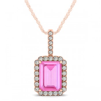 Lab Grown Diamond & Emerald Cut Pink Sapphire Halo Pendant 14k Rose Gold (4.25ct)
