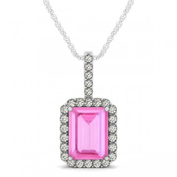 Diamond & Emerald Cut Pink Sapphire Halo Pendant Necklace 14k White Gold (4.25ct)