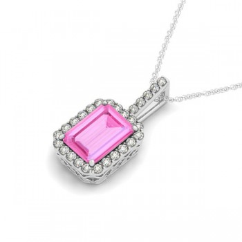 Diamond & Emerald Cut Pink Sapphire Halo Pendant Necklace 14k White Gold (4.25ct)