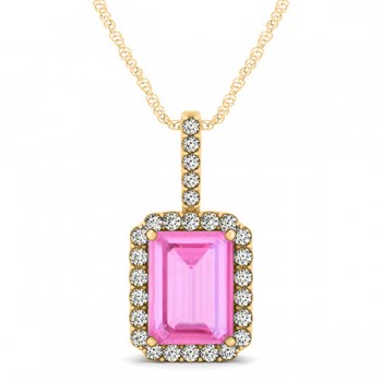 Lab Grown Diamond & Emerald Cut Pink Sapphire Halo Pendant 14k Yellow Gold (4.25ct)