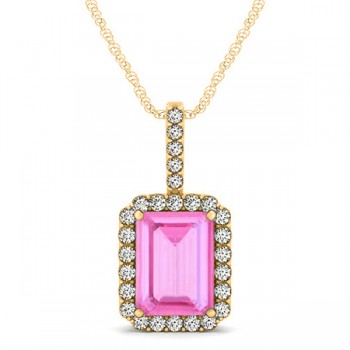 Diamond & Emerald Cut Pink Sapphire Halo Pendant Necklace 14k Yellow Gold (4.25ct)