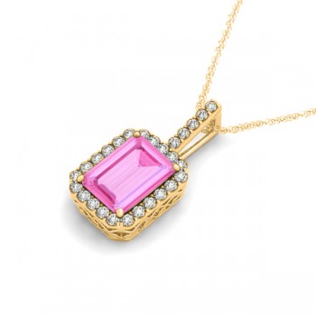 Diamond & Emerald Cut Pink Sapphire Halo Pendant Necklace 14k Yellow Gold (4.25ct)