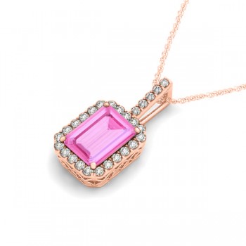 Diamond & Emerald Cut Pink Sapphire Halo Pendant Necklace 14k Rose Gold (1.34ct)