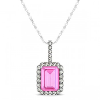 Diamond & Emerald Cut Pink Sapphire Halo Pendant Necklace 14k White Gold (1.34ct)