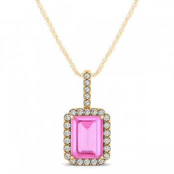 Diamond & Emerald Cut Pink Sapphire Halo Pendant Necklace 14k Yellow Gold (1.34ct)