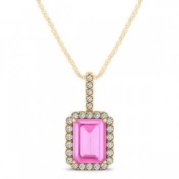 Diamond & Emerald Cut Pink Sapphire Halo Pendant Necklace 14k Yellow Gold (1.34ct)