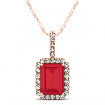 Diamond & Emerald Cut Ruby Halo Pendant Necklace 14k Rose Gold (4.25ct)