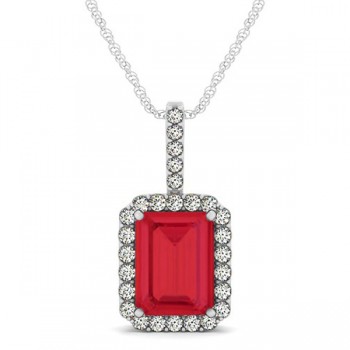 Diamond & Emerald Cut Ruby Halo Pendant Necklace 14k White Gold (4.25ct)