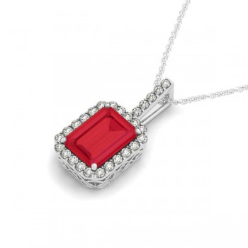 Diamond & Emerald Cut Ruby Halo Pendant Necklace 14k White Gold (4.25ct)