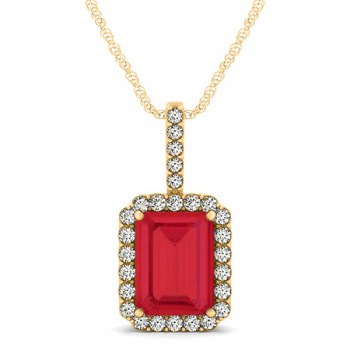 Diamond & Emerald Cut Ruby Halo Pendant Necklace 14k Yellow Gold (4.25ct)