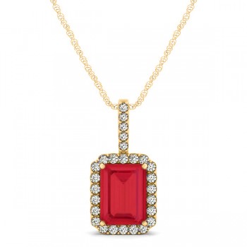 Diamond & Emerald Cut Ruby Halo Pendant Necklace 14k Yellow Gold (1.34ct)