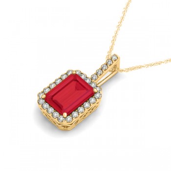 Diamond & Emerald Cut Ruby Halo Pendant Necklace 14k Yellow Gold (1.34ct)