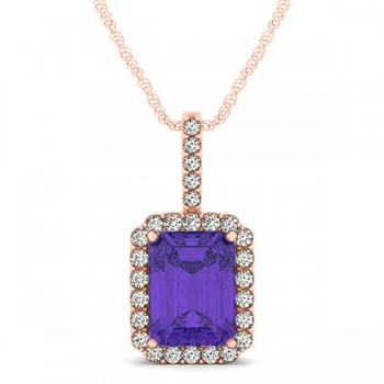 Diamond & Emerald Cut Tanzanite Halo Pendant Necklace 14k Rose Gold (4.25ct)
