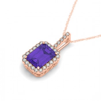 Diamond & Emerald Cut Tanzanite Halo Pendant Necklace 14k Rose Gold (4.25ct)