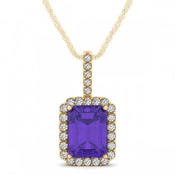 Diamond & Emerald Cut Tanzanite Halo Pendant Necklace 14k Yellow Gold (4.25ct)