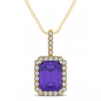 Diamond & Emerald Cut Tanzanite Halo Pendant Necklace 14k Yellow Gold (4.25ct)