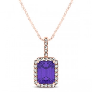 Diamond & Emerald Cut Tanzanite Halo Pendant Necklace 14k Rose Gold (1.34ct)