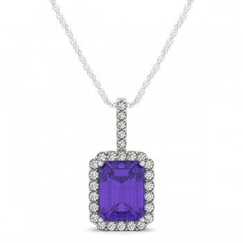 Diamond & Emerald Cut Tanzanite Halo Pendant Necklace 14k White Gold (1.34ct)