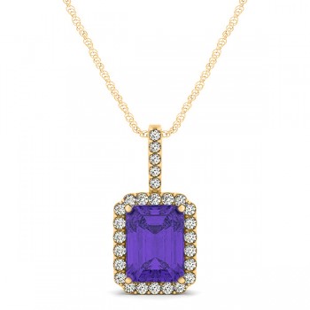 Diamond & Emerald Cut Tanzanite Halo Pendant Necklace 14k Yellow Gold (1.34ct)