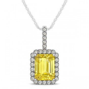 Diamond & Emerald Cut Yellow Sapphire Halo Pendant Necklace 14k White Gold (4.25ct)