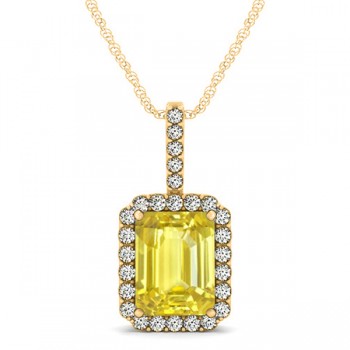 Diamond & Emerald Cut Yellow Sapphire Halo Pendant Necklace 14k Yellow Gold (4.25ct)
