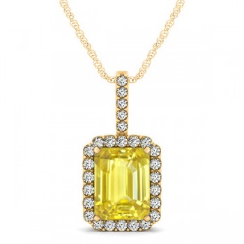 Diamond & Emerald Cut Yellow Sapphire Halo Pendant Necklace 14k Yellow Gold (4.25ct)