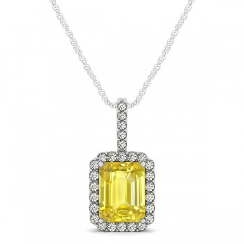 Diamond & Emerald Cut Yellow Sapphire Halo Pendant Necklace 14k White Gold (1.34ct)