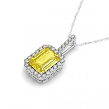 Diamond & Emerald Cut Yellow Sapphire Halo Pendant Necklace 14k White Gold (1.34ct)