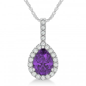 Pear Shape Diamond & Amethyst Halo Pendant 14k White Gold 2.20ct