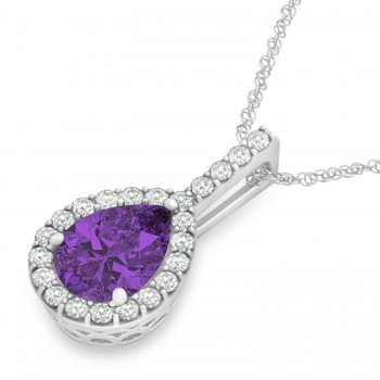 Pear Shape Diamond & Amethyst Halo Pendant 14k White Gold 2.20ct