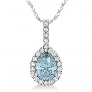 Pear Shape Diamond & Aquamarine Halo Pendant 14k White Gold 2.20ct