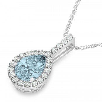 Pear Shape Diamond & Aquamarine Halo Pendant 14k White Gold 2.20ct