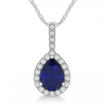 Pear Shape Diamond & Blue Sapphire Halo Pendant 14k White Gold 2.20ct