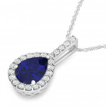 Pear Shape Diamond & Blue Sapphire Halo Pendant 14k White Gold 2.20ct