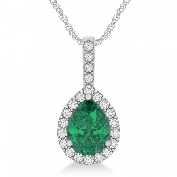 Pear Shape Diamond & Emerald Halo Pendant 14k White Gold 2.20ct