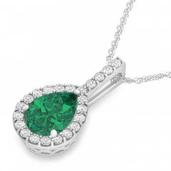 Pear Shape Diamond & Emerald Halo Pendant 14k White Gold 2.20ct