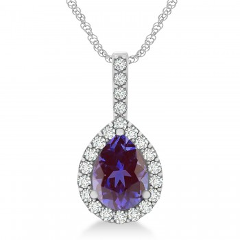 Pear Shape Lab Diamond & Alexandrite Halo Pendant 14k White Gold 2.20ct