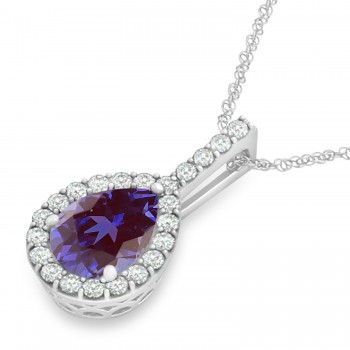 Pear Shape Lab Diamond & Alexandrite Halo Pendant 14k White Gold 2.20ct