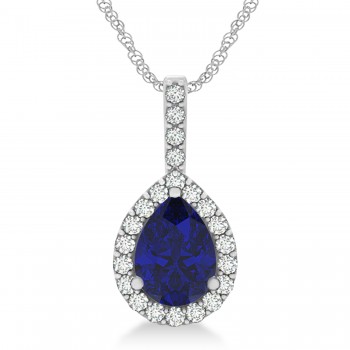 Pear Shape Lab Diamond & Blue Sapphire Halo Pendant 14k White Gold 2.20ct