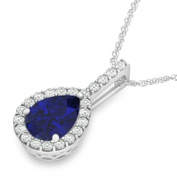 Pear Shape Lab Diamond & Blue Sapphire Halo Pendant 14k White Gold 2.20ct