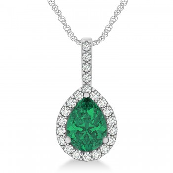 Pear Shape Lab Diamond & Emerald Halo Pendant 14k White Gold 2.20ct