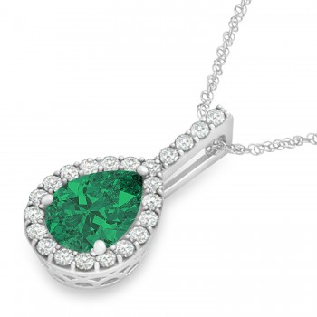 Pear Shape Lab Diamond & Emerald Halo Pendant 14k White Gold 2.20ct