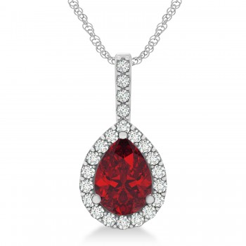 Pear Shape Lab Diamond & Ruby Halo Pendant 14k White Gold 2.20ct