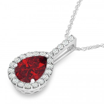 Pear Shape Lab Diamond & Ruby Halo Pendant 14k White Gold 2.20ct