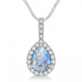 Pear Shape Diamond & Moonstone Halo Pendant 14k White Gold 2.20ct