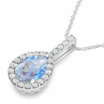 Pear Shape Diamond & Moonstone Halo Pendant 14k White Gold 2.20ct