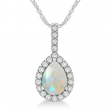 Pear Shape Diamond & Opal Halo Pendant 14k White Gold 2.20ct